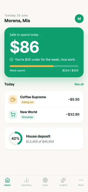 The Spendle home screen showing today’s safe-to-spend number