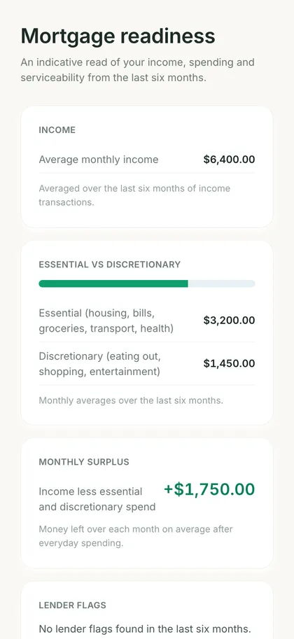 A mortgage readiness report you can share with your broker in the Spendle app