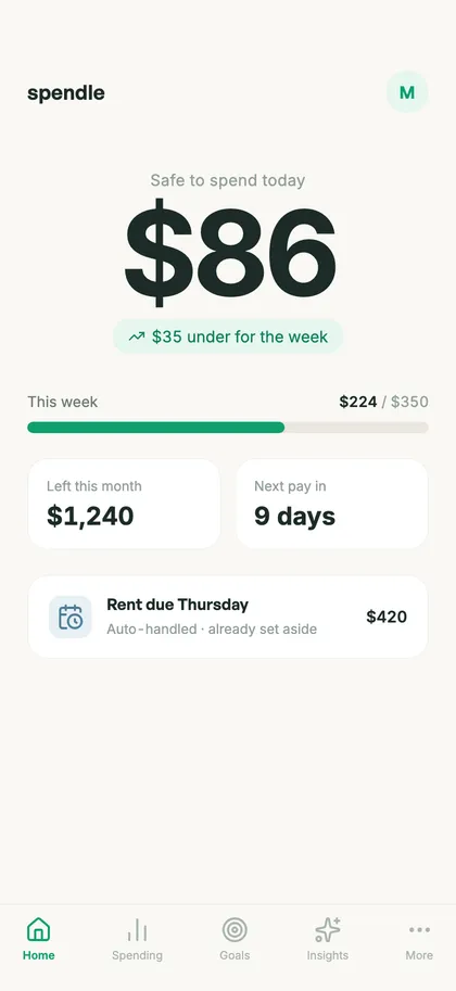 The Spendle home screen showing today’s safe-to-spend number